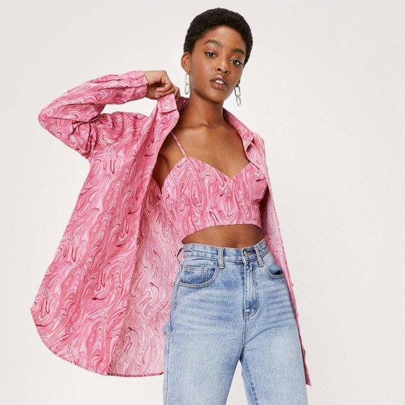 Nasty Gal Tops - Nasty Gal Pink Marbled Crop Top & Oversized Button Down Shirt Set Size 4